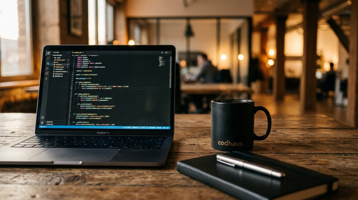 Codhaus Engineering Workspace — Laptop with Code and Codhaus Coffee Mug