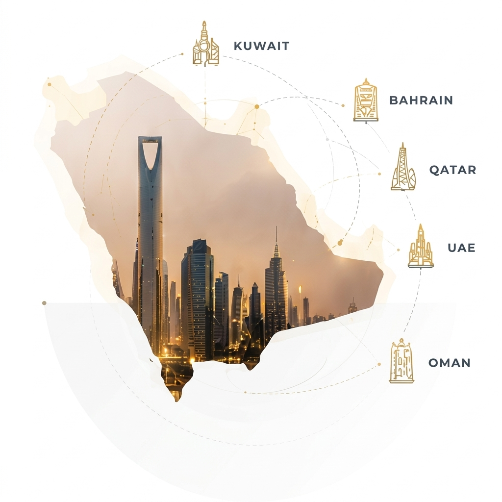 Saudi Arabia Digital Solutions Map with Riyadh Kingdom Centre Skyline and GCC Hubs - Kuwait, Bahrain, Qatar, UAE, Oman